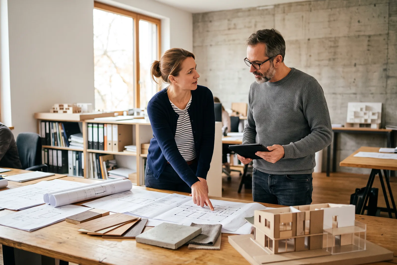Zwei Personen besprechen Baupläne und Materialmuster an einem Arbeitstisch